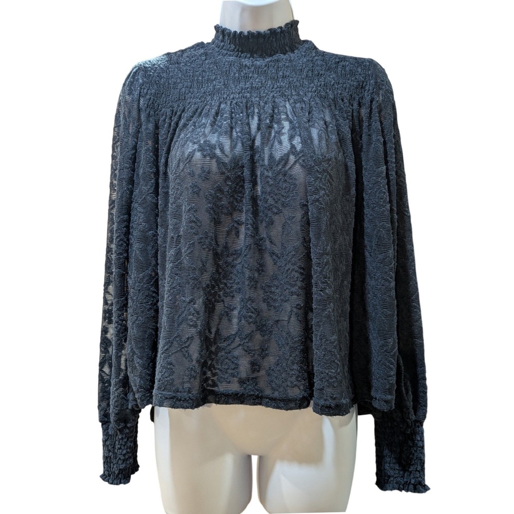 Deletta Anthropologie Navy Ammana Floral Lace Smocked Mock Neck Blouse Small
